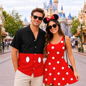May include: A short-sleeved button-down shirt with a black top and red bottom featuring two white oval buttons, paired with a red sleeveless dress featuring a white polka dot pattern and a black headband with red and white polka dot ears.