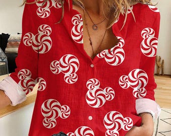Mickey Red Candy Cane Peppermint Women's CasualShirt, Button Up Shirt, Vintage Xmas Shirt