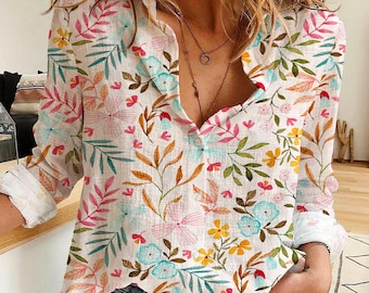 Floral Button-Up Shirt, Women's Polyester Spandex Blend Blouse