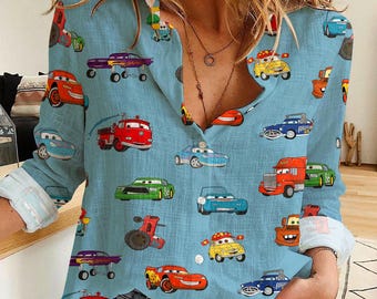 Disney Cars Print Women's Button-Up Shirt, Casual Blouse