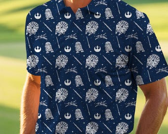 Star Wars Lightsaber Millennium Falcon XWing Droid Polo,Vintage Star Wars Short Sleeve Shirt, Sci-Fi Fan Golfing Apparel, Gift For Him