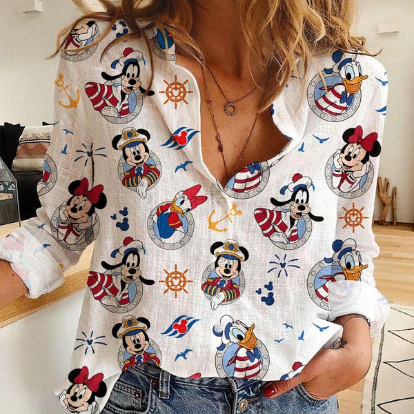 Camisa informal para mujer, con botones, estilo vintage Disney, de Mickey, Minnie, Pluto, Goofy, Donald, Daisy, Cruise, Time Line, Destiny