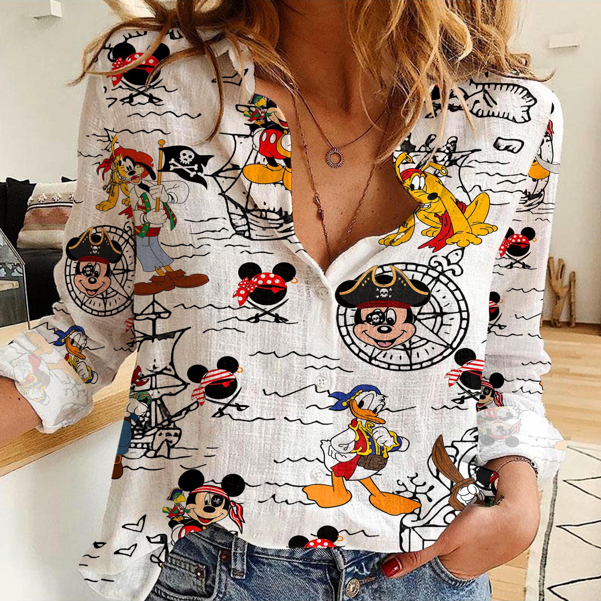 Mickey Friends Donald Pluto Goofy Pirates Crew Pirate Life For Me Women's CasualShirt, Button Up Shirt, Disney Vintage Shirt