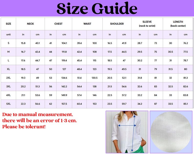Puede incluir: Una tabla de gu&iacute;a de tallas con medidas en pulgadas y cent&iacute;metros para una prenda. La tabla incluye tallas de la S a la 5XL, detallando medidas de cuello, pecho, cintura, hombro, manga y largo de espalda. Texto abajo indica que las mediciones manuales pueden variar.