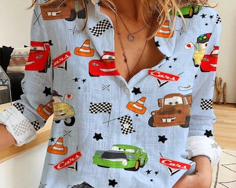 Disney Cars Women's Button-Up Shirt, Polyester Spandex Blend