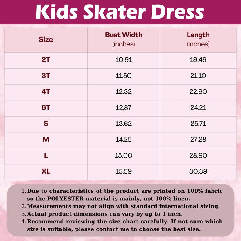 Może przedstawiać: Tabela rozmiar&oacute;w sukienki skater dla dzieci, z wymiarami szerokości biustu i długości w calach. Rozmiary od 2T do XL. Tabela zawiera notatkę o zmienności tkaniny i rozmiar&oacute;w. Tytuł "Kids Skater Dress" znajduje się na g&oacute;rze.