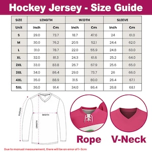 May include: Hockey jersey size guide with measurements in inches and centimeters. Includes length, width, and sleeve dimensions for sizes S to 5XL. Features illustrations of a V-neck and rope-style jersey. The text "Rope V-Neck" is visible.