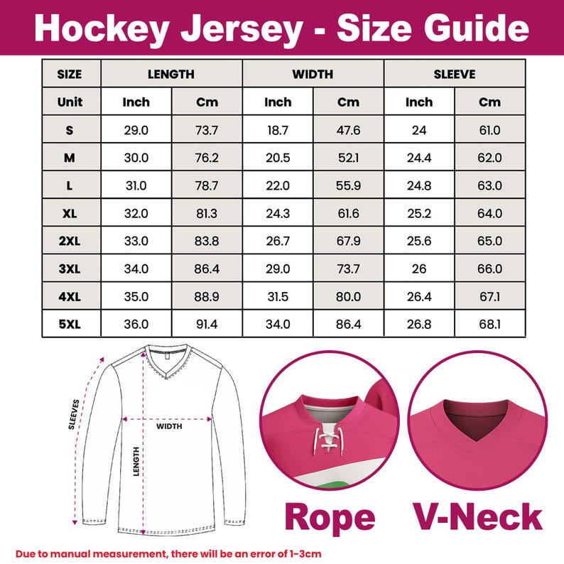May include: Hockey jersey size guide with measurements in inches and centimeters. Includes length, width, and sleeve dimensions for sizes S to 5XL. Features illustrations of a V-neck and rope-style jersey. The text "Rope V-Neck" is visible.