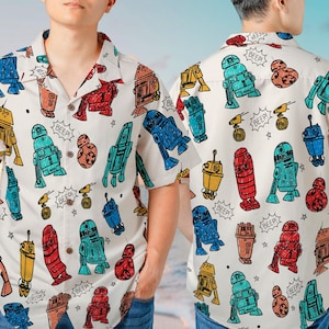 May include: White button-up shirt with a colorful cartoon pattern of robots and the word "Beep!" repeated throughout.