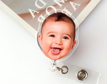 Customized Your Baby Face Cute Photos Badge Reel, Personalized Your Kid Face Son Daughter Keychain ID Badge Holder