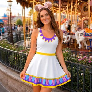 May include: A white sleeveless dress featuring a purple scalloped neckline, a yellow horizontal band at the waist, and a hemline decorated with a purple and pink petal pattern. The dress is paired with a headband featuring two glittery pink ears.