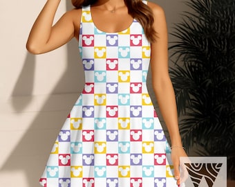 Mickey Pastel Checkered Skater Dress,  Christmas Party Outfit