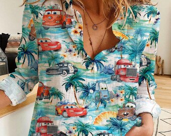 Lightning McQueen Tow Mater Watercolor Women's CasualShirt, Disney Women Blouses Shirt, Magic Kingdom Shirt, Disney Vintage Shirt