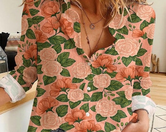 Floral Button-Up Shirt, Polyester Spandex Blend, Women's Casual Blouse