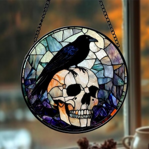 Black Raven Stained Glass Suncatcher Window Hangings, Halloween Black Raven and A Skeleton Door Hanger Suncatchers