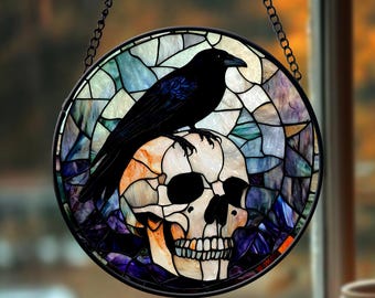 Black Raven Stained Glass Suncatcher Window Hangings, Halloween Black Raven and A Skeleton Door Hanger Suncatchers