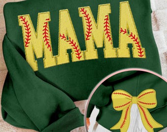MAMA Softball Side Bow Sweatshirt, Embroidered Coquette Sweater