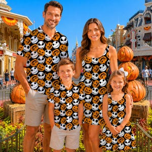 May include: A family wearing matching black clothing featuring an all-over pattern of orange jack-o'-lanterns and white skull faces. The set includes a short-sleeved button-down shirt, a sleeveless dress, a short-sleeved shirt, and a sleeveless dress.