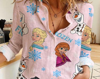 Disney Frozen Women's Button-Up Shirt, Elsa Anna Olaf Print