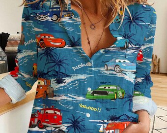 Lightning McQueen Tow Mater Doc Hudson In Beach Cruise Aloha Women's Linen Casual Shirt, Button Up Shirt, Disney Vintage Shirt