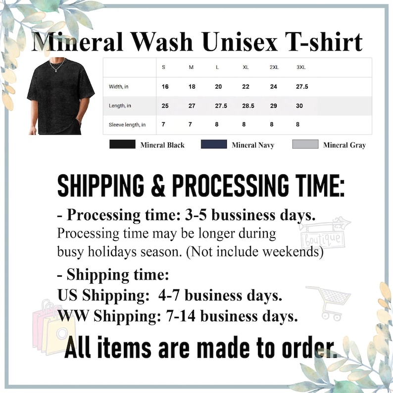 Puede incluir: Camiseta unisex negra con lavado mineral y tabla de tallas. La camiseta est&aacute; disponible en tallas S a 3XL. La tabla muestra las medidas de ancho, largo y largo de manga en cm. Disponible en negro mineral, marino y gris.