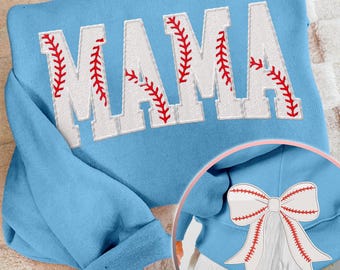 MAMA Baseball Coquette Side Bow Sweatshirt, Retro Trendy Coquete Lover Sweater, Bow Applique Pink Girl Gifts