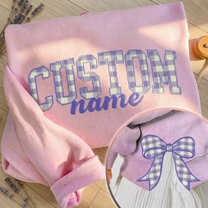 Custom Name  Coquette Side Bow Sweatshirt, Retro Xmas Tree Lover Sweater, Bow Applique Pink Gifts