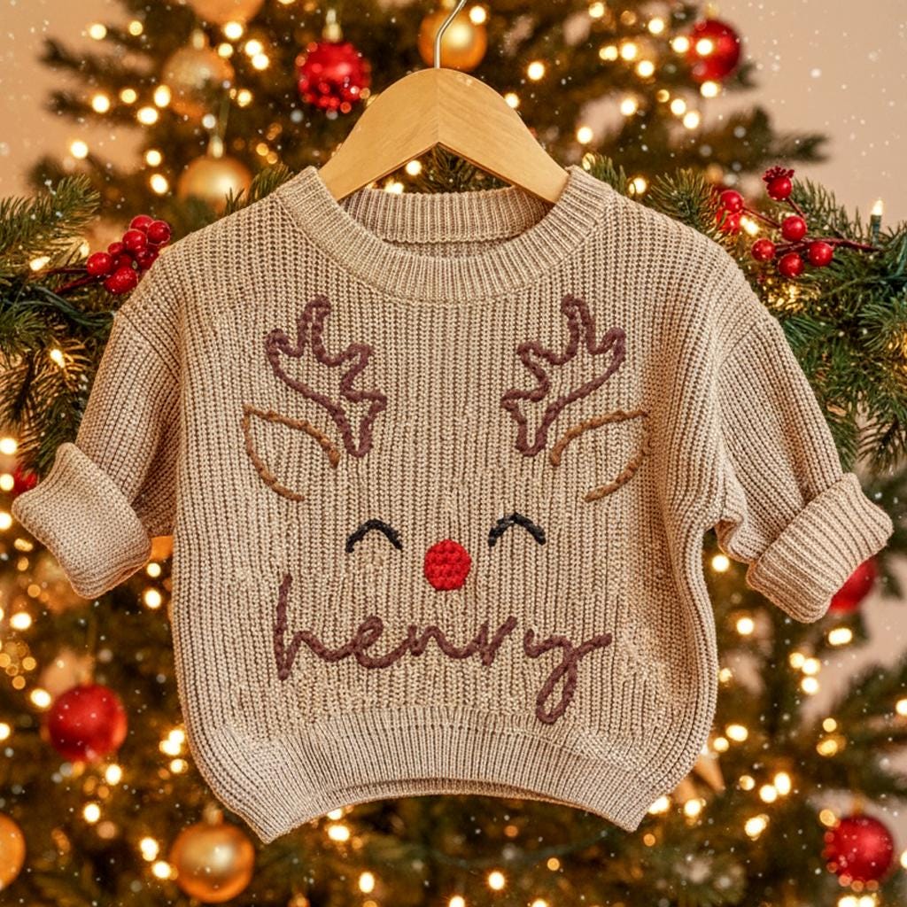 Custom Name Reindeer Baby First Christmas Sweatshirt, Cotton Blend