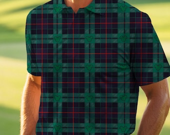 Mickey Plaid Golf Polo Shirt, Green Navy Short Sleeve Top