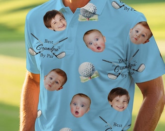 Custom Grandpa Golf Polo Shirt, Kid Face Photo Portrait, Golf Lover Gift