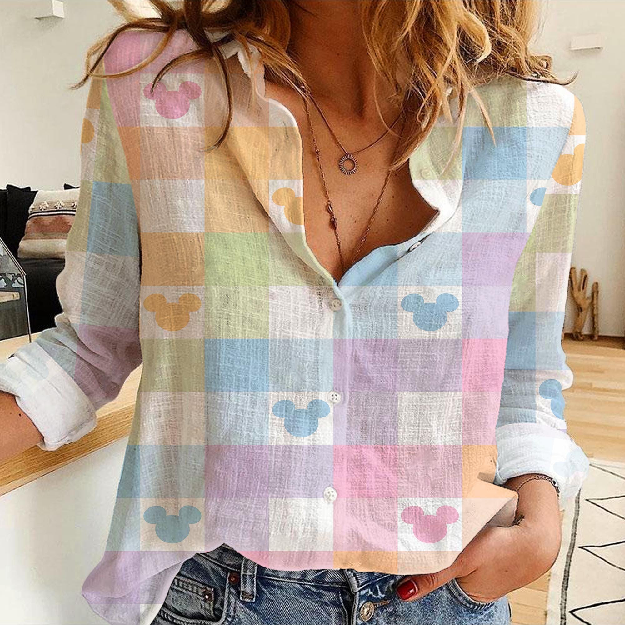 Mickey Checkeredboard Pastel Women's CasualShirt, Button Up Shirt, Disney Vintage Shirt