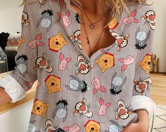 Camisa informal para mujer con cara de Winnie the Pooh, Piglet, Tigger, Eeyore, con estampado de emoción, camisa abotonada, camisa vintage de Disney