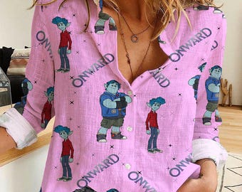 Camisa casual para mujer con estampado de Onward Barley, inspirada en Disney.