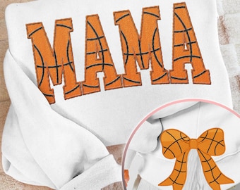 MAMA Basketball Coquette Side Bow Sweatshirt, Retro Trendy Coquete Lover Sweater, Bow Applique Pink Girl Gifts