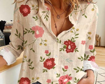 Floral Button-Up Shirt, Women's Casual Blouse, Flower Print