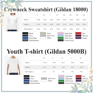 Puede incluir: Tablas de tallas para sudaderas de cuello redondo Gildan 18000 y camisetas juveniles Gildan 5000B. Las medidas de ancho, largo y largo de manga se muestran en pulgadas, junto con opciones de color como negro, azul marino y rojo.