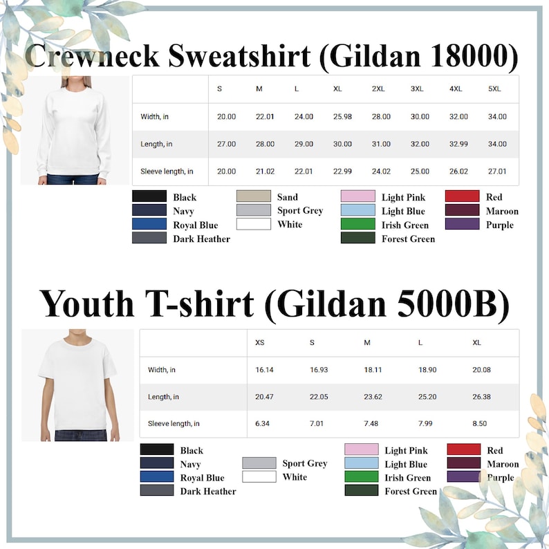 Puede incluir: Tablas de tallas para sudaderas de cuello redondo Gildan 18000 y camisetas juveniles Gildan 5000B. Las medidas de ancho, largo y largo de manga se muestran en pulgadas, junto con opciones de color como negro, azul marino y rojo.