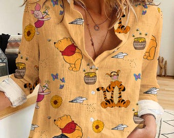 Camisa de mujer de Winnie the Pooh, blusa abotonada de Disney, mezcla de poliéster y elastano.