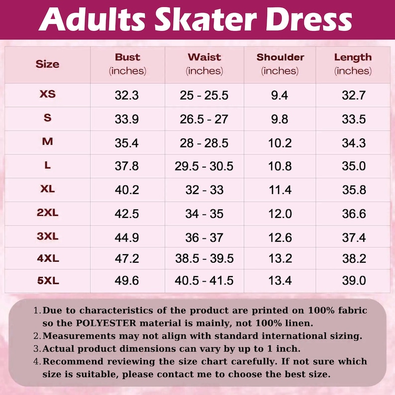 Może przedstawiać: Tabela rozmiar&oacute;w dla sukienki skater dla dorosłych, z wymiarami w calach. Zawiera wymiary biustu, talii, ramion i długości dla rozmiar&oacute;w XS do 5XL. Tabela zawiera r&oacute;wnież zastrzeżenie dotyczące materiału i rozmiar&oacute;w produktu.