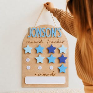 Belohnungstafel mit blauem Stern, personalisierter Verhaltenstracker für Kinder, Verhaltenstafel aus Holz, Verantwortungssystem für Kleinkinder