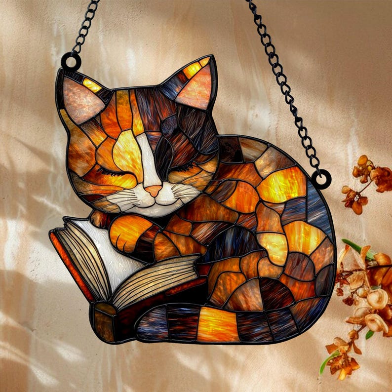 A Cat Lying and Reading on A Book Stained Glass Suncatcher Window ...