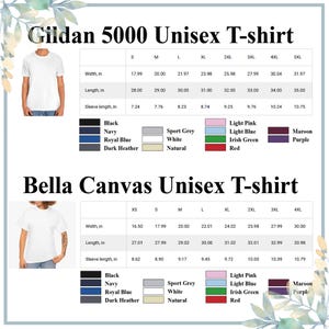 Puede incluir: Imagen de producto que muestra dos tipos de camisetas unisex: Gildan 5000 y Bella Canvas. La imagen incluye tablas de tallas con medidas en pulgadas para el ancho, el largo y el largo de la manga. Tambi&eacute;n se muestran muestras de color, incluyendo negro, azul marino y rojo.