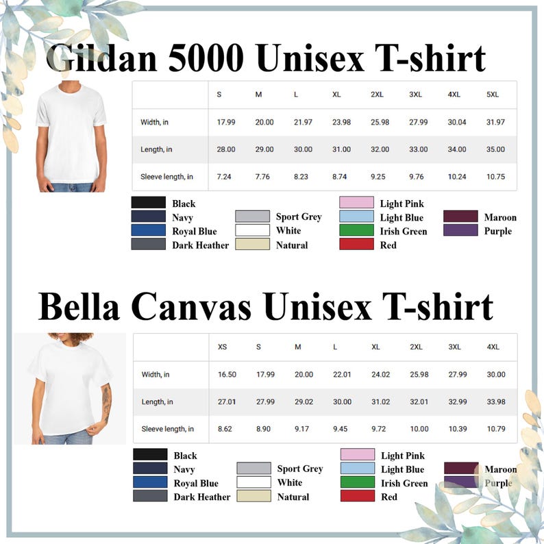 Puede incluir: Imagen de producto que muestra dos tipos de camisetas unisex: Gildan 5000 y Bella Canvas. La imagen incluye tablas de tallas con medidas en pulgadas para el ancho, el largo y el largo de la manga. Tambi&eacute;n se muestran muestras de color, incluyendo negro, azul marino y rojo.