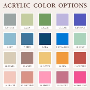 Może przedstawiać: Karta kolor&oacute;w zatytułowana "ACRYLIC COLOR OPTIONS" z 20 pr&oacute;bkami kolor&oacute;w. Kolory obejmują Stone, Zen, Sage, Lilac, Purple, Sky, Blue, Sea, Royal Blue, Mint, Pearl, Cafe, Honey, Sun, Cherry, Peach, Baby Pink, Sweet, Mauve i Hot Pink.