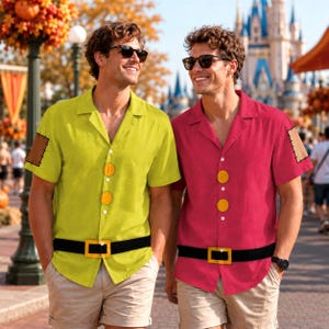 May include: Two short-sleeved button-down shirts, one lime green and one magenta, each featuring a black belt graphic at the waist, two large yellow circular buttons on the front placket, and a brown patch detail on the left sleeve.