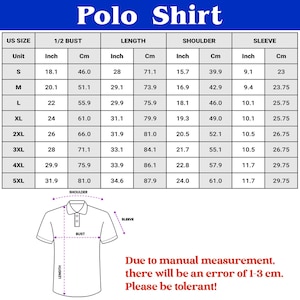 Puede incluir: Una tabla blanca titulada "Polo Shirt" con medidas de tallas en pulgadas y cent&iacute;metros. La tabla incluye medidas de busto, largo, hombro y manga para tallas S a 5XL. El texto en la parte inferior dice: "Debido a la medici&oacute;n manual, habr&aacute; un error de 1-3 cm. &iexcl;Por favor, sea tolerante!"