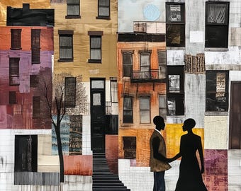 Lámina artística del barrio de Harlem: La propuesta, la vida en Harlem, pareja afroamericana, amor, romance, arte mural, arte afroamericano, casas de piedra rojiza de Harlem - Estilo 10