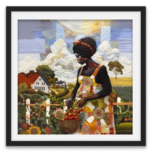 May include: A framed art print depicts a woman in a colorful patchwork apron harvesting tomatoes from a garden. The artwork features a white picket fence, sunflowers, and a rural landscape with houses and trees. The sky has a textured, cloud-like appearance.