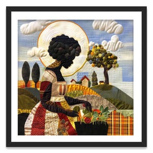 May include: A framed textile art piece depicting a woman in profile harvesting vegetables. The artwork features a patchwork design with a vibrant color palette of red, yellow, green, and blue. A sun and clouds are in the background.
