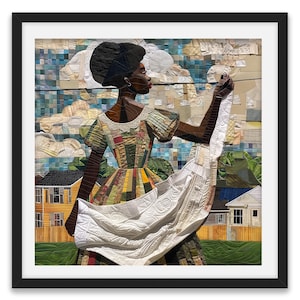 May include: A framed artwork depicts a woman in a colorful patchwork dress holding a white quilt. The background features a patchwork sky, houses, and a wooden fence. The artwork is a vibrant display of textile art.